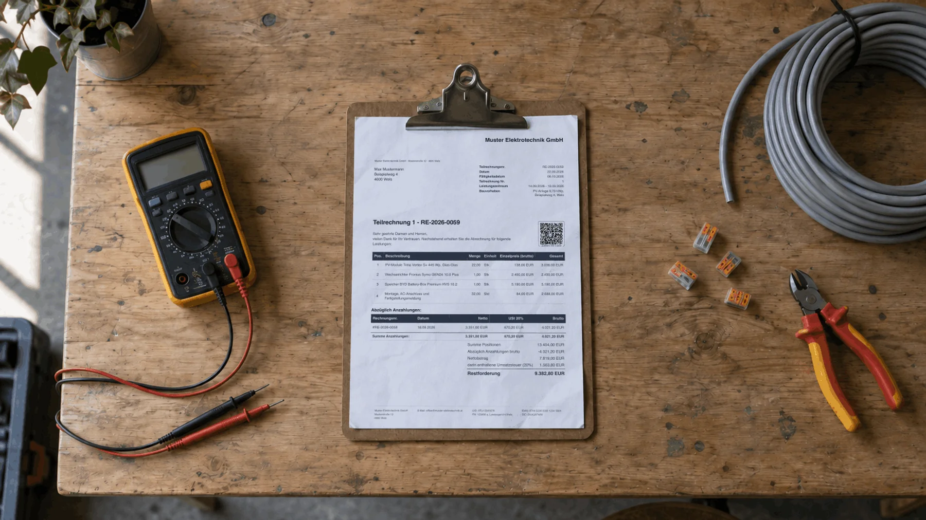 Rechnung schreiben als Elektriker in Österreich: USt, Reverse Charge, PV