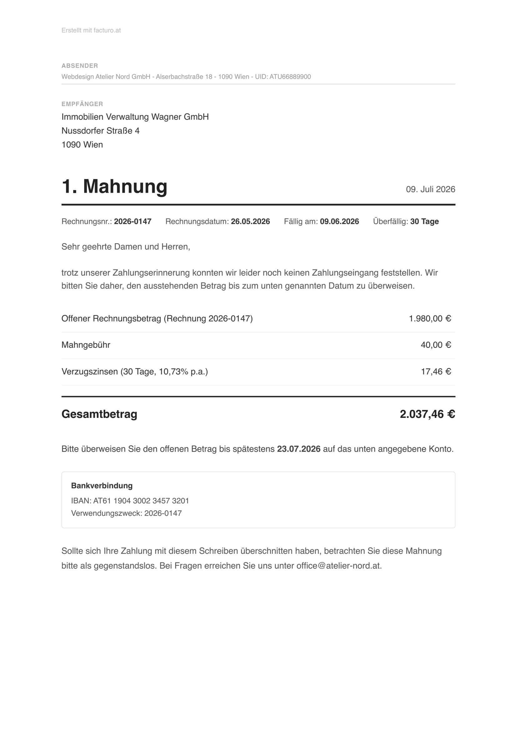 Mahnung Muster Österreich - Beispiel einer 1. Mahnung mit offenem Rechnungsbetrag, Mahngebühr, Verzugszinsen (10,73% p.a.) und neuer Zahlungsfrist, erstellt mit dem kostenlosen Mahnung-Generator von facturo
