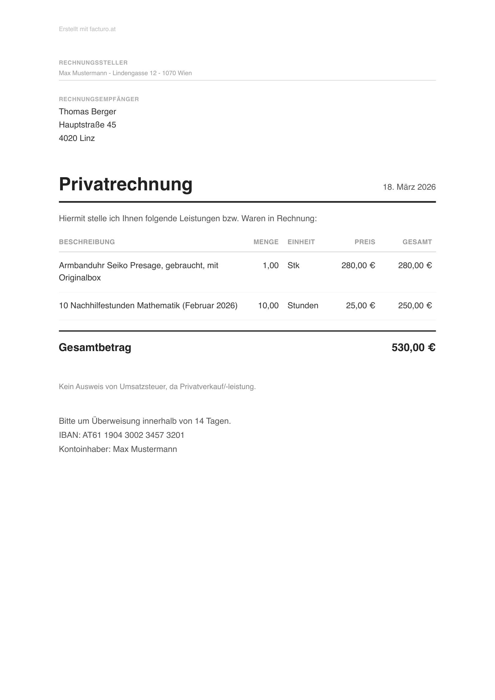 Privatrechnung Muster - Beispiel einer Privatrechnung in Österreich mit gebrauchter Uhr und Nachhilfe, erstellt mit facturo