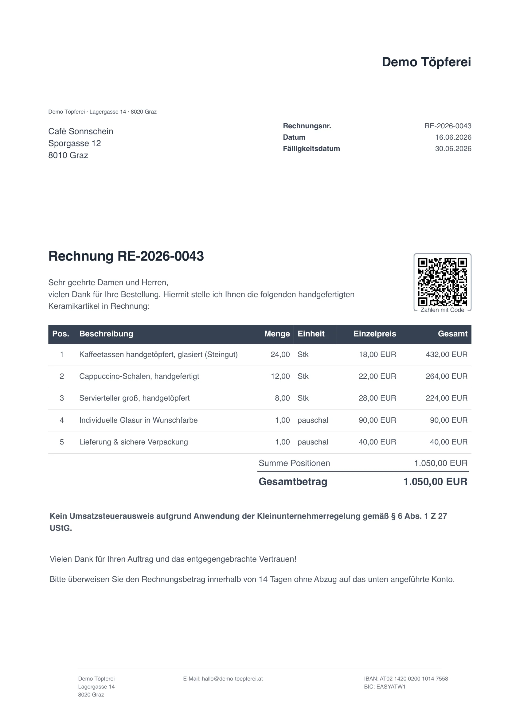 Rechnung Kleinunternehmer Muster - Beispiel einer Rechnung ohne Umsatzsteuer mit Hinweis nach § 6 Abs. 1 Z 27 UStG, erstellt mit facturo