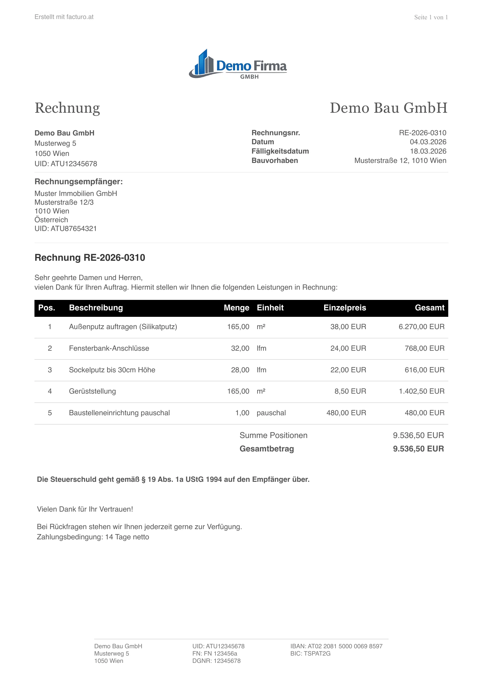 Rechnung mit Reverse Charge Vorlage - Muster einer Baurechnung in Österreich, erstellt mit facturo