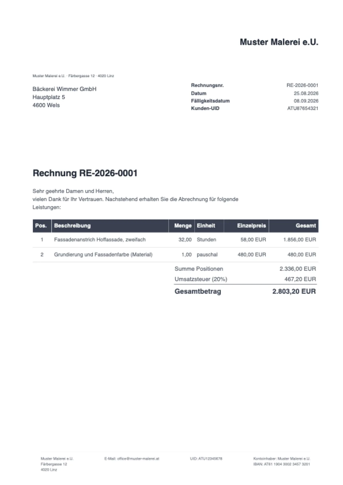 Rechnung aus Facturo - Geschäftsbrief-Layout mit Adressfeld für das Fensterkuvert und Fußzeile mit UID und IBAN