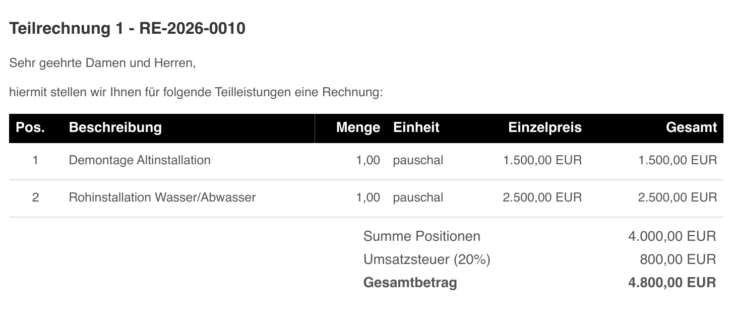 Teilrechnung 1 - Demontage und Rohinstallation, 4.800 EUR brutto