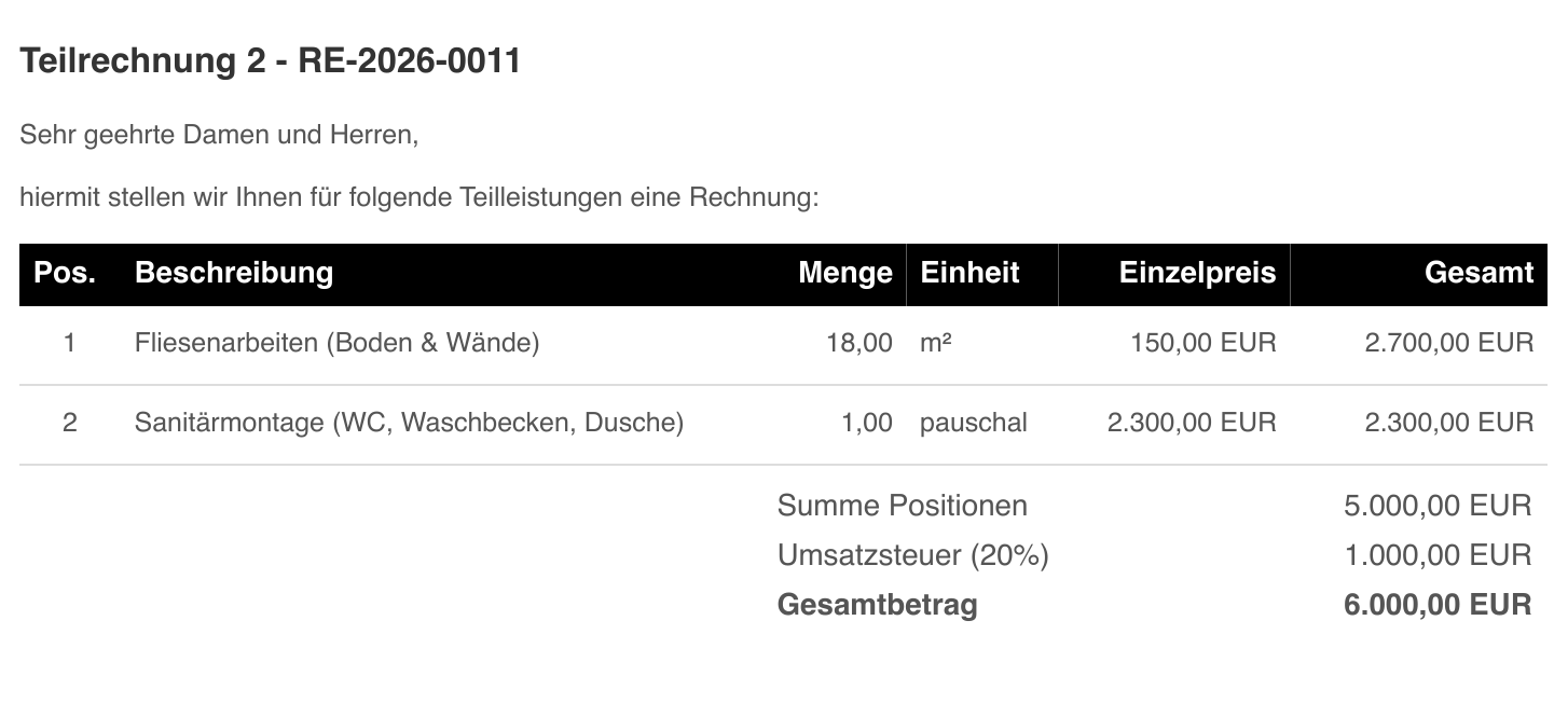 Teilrechnung 2 - Fliesen und Sanitär, 6.000 EUR brutto