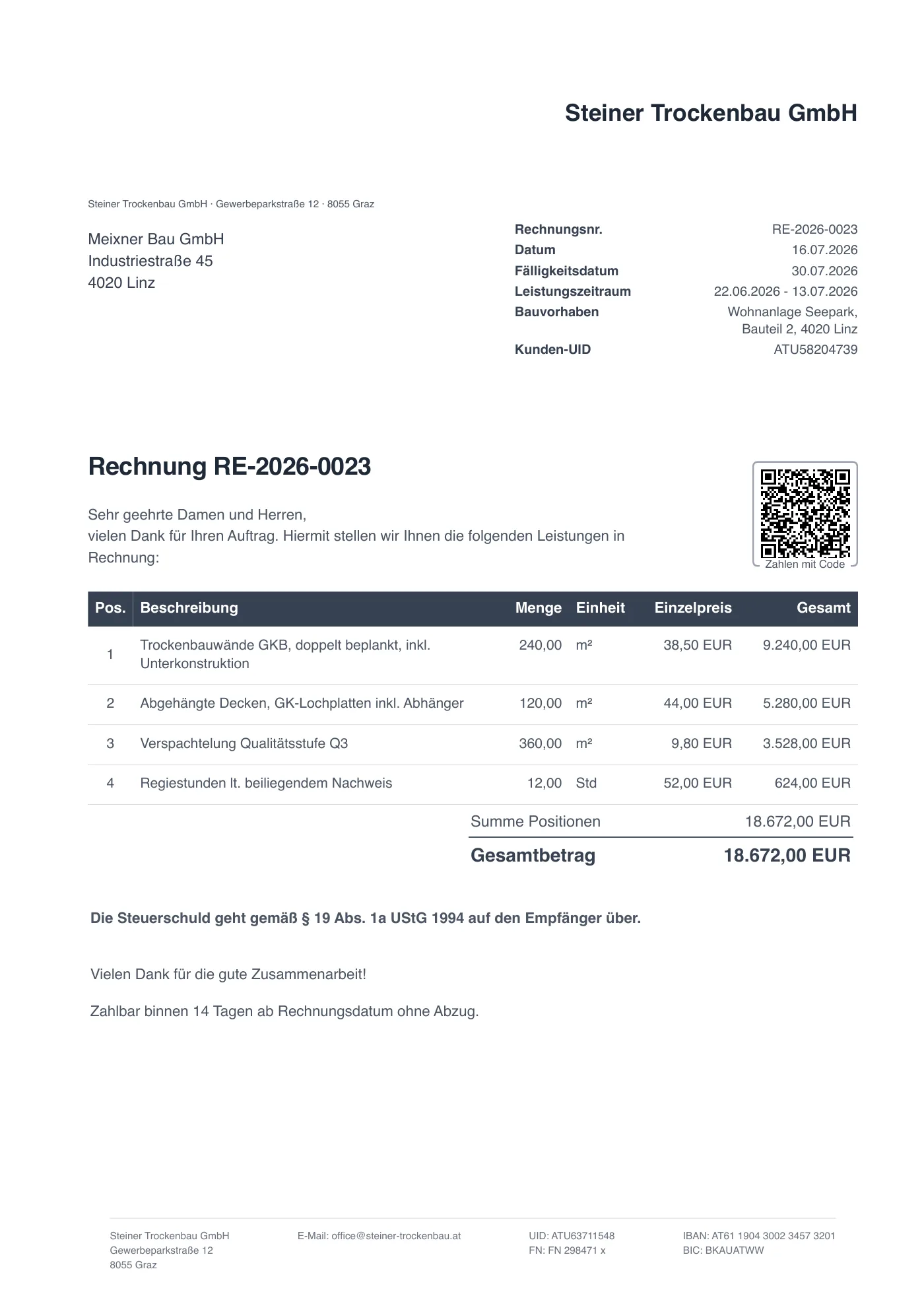 Demo einer Baurechnung aus facturo: Trockenbau-Positionen, Bauvorhaben-Zeile, EPC-QR-Code und Reverse-Charge-Hinweis nach § 19 Abs. 1a UStG