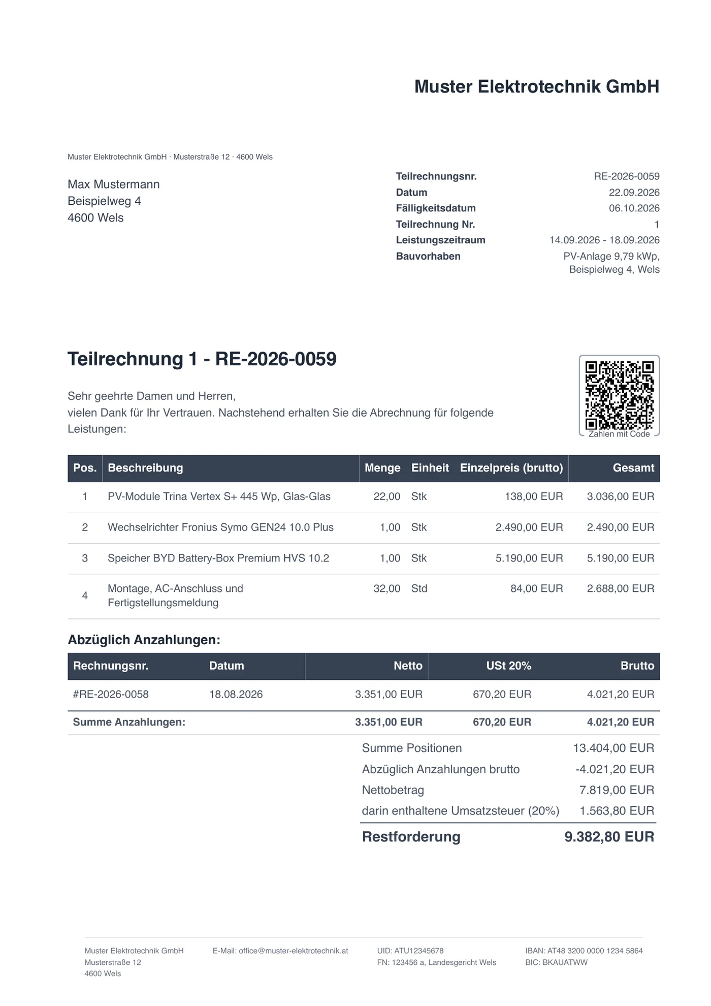 Demo einer Teilrechnung aus facturo für eine Photovoltaik-Anlage: Module, Wechselrichter und Speicher mit Hersteller und Modell, Bruttopreise für den Privatkunden, EPC-QR-Code und automatisch abgezogene Anzahlungsrechnung