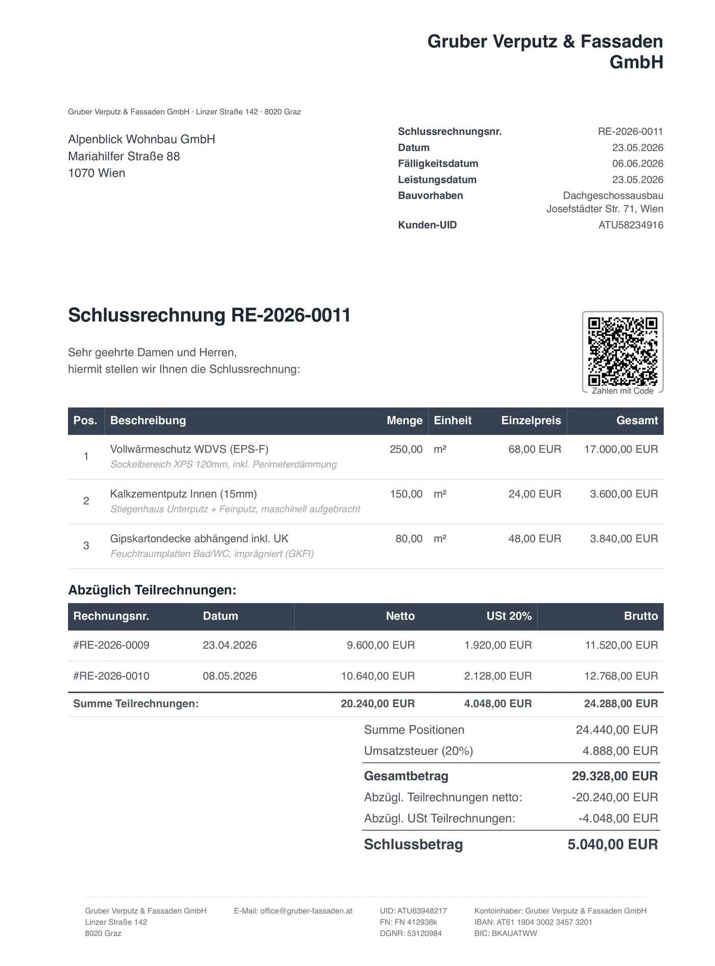 Demo einer Schlussrechnung aus facturo: drei Positionen, Abzug von zwei Teilrechnungen mit Netto und USt, automatisch berechneter Schlussbetrag
