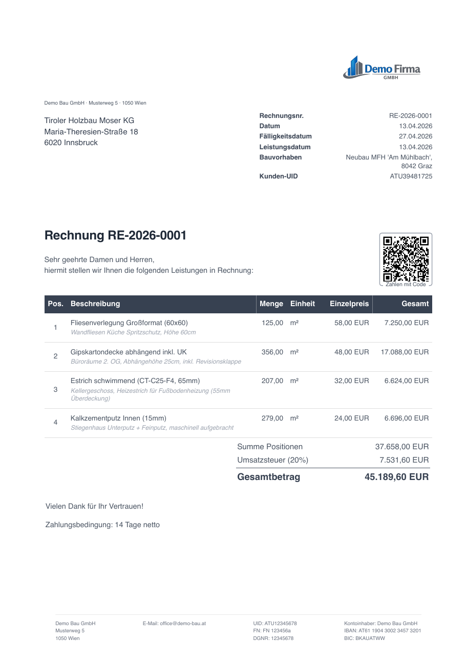Mit facturo erstellte Rechnung