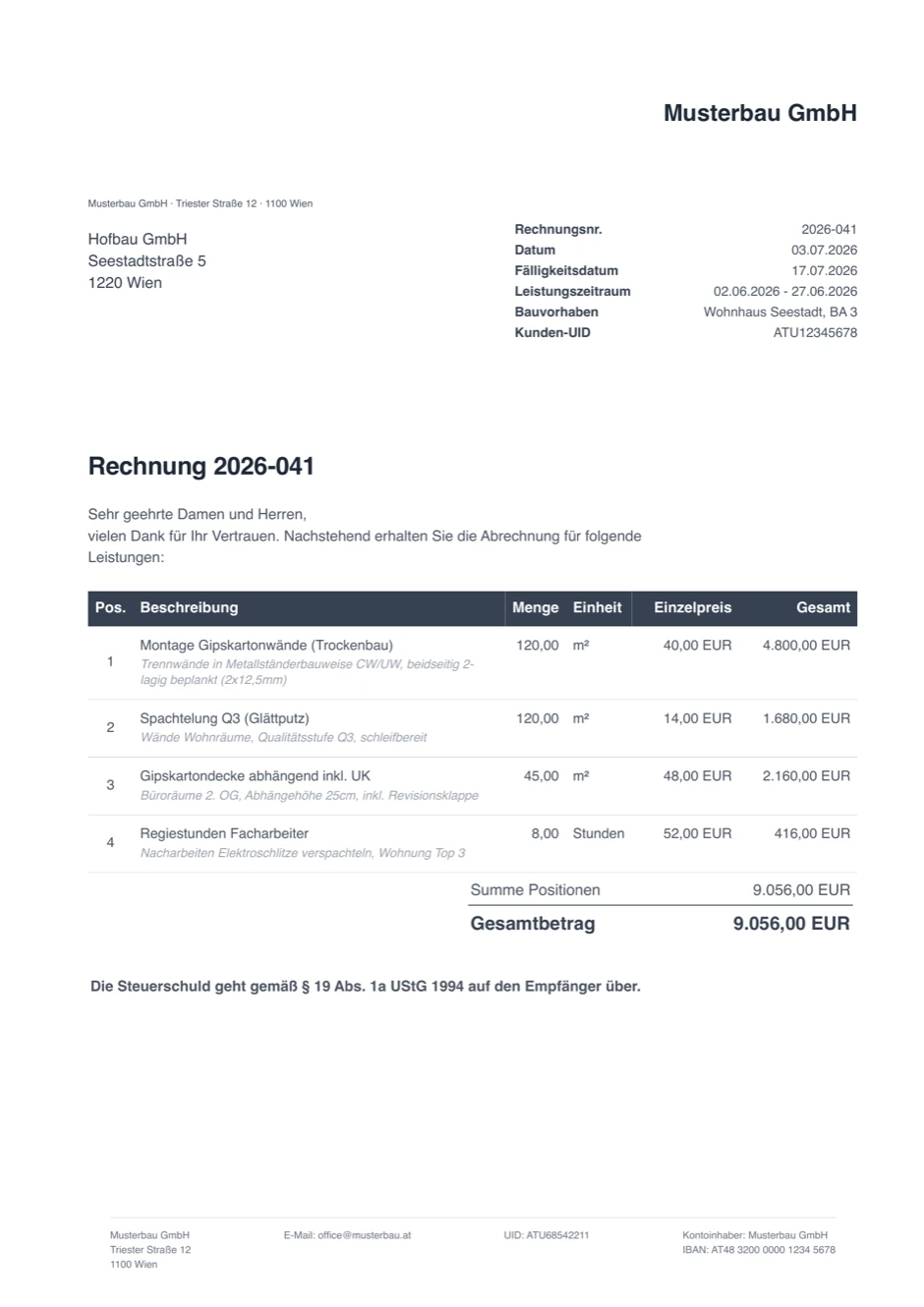 Factură reală generată de facturo, în germană: Rechnung 2026-041 pentru Hofbau GmbH, cu taxare inversă conform § 19 Abs. 1a UStG.