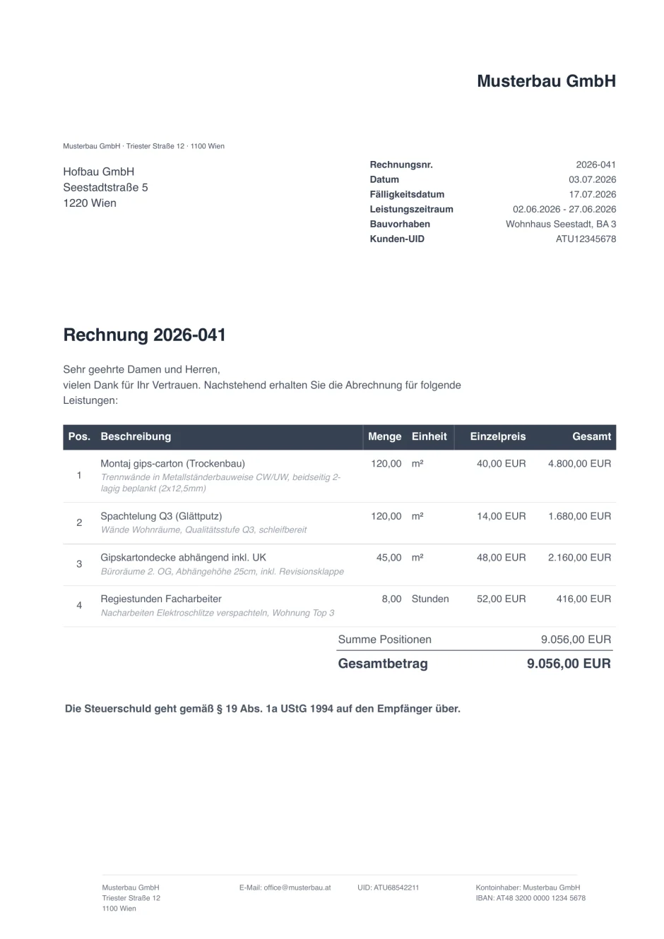 Factură reală generată de facturo, în germană: Rechnung 2026-041 pentru Hofbau GmbH, cu taxare inversă conform § 19 Abs. 1a UStG.