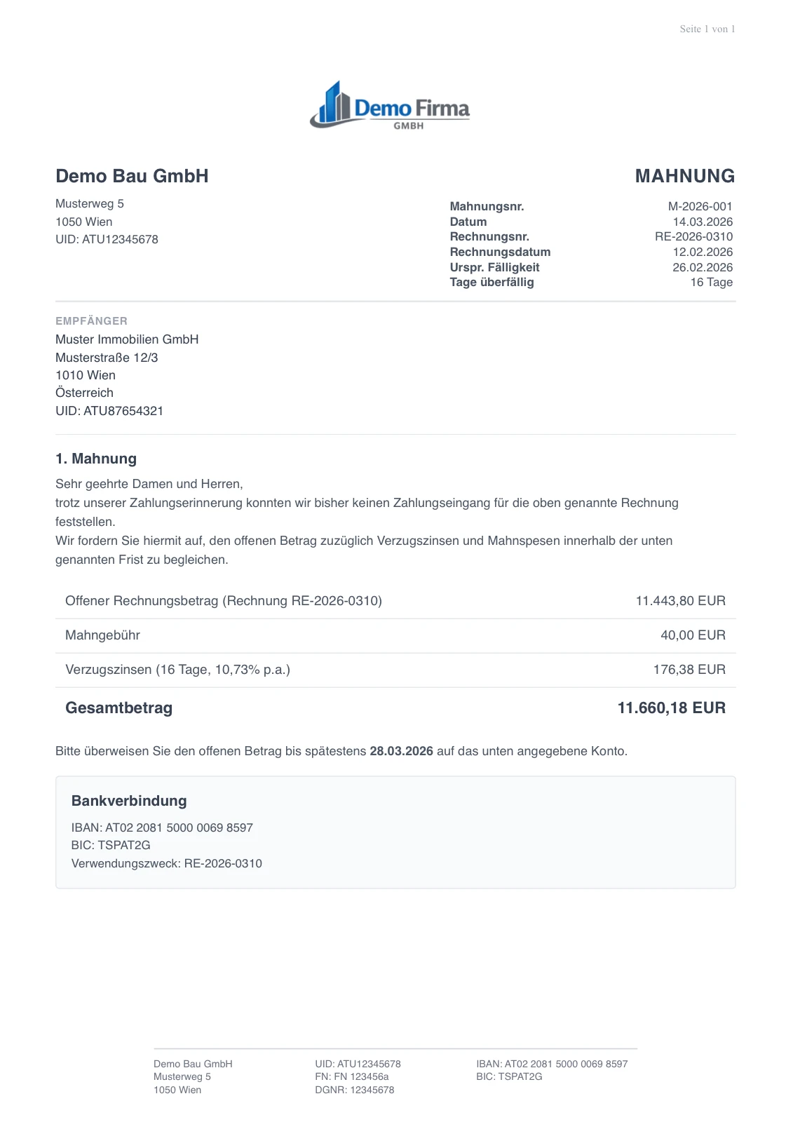 Vorschau: 1. Mahnung mit Verzugszinsen