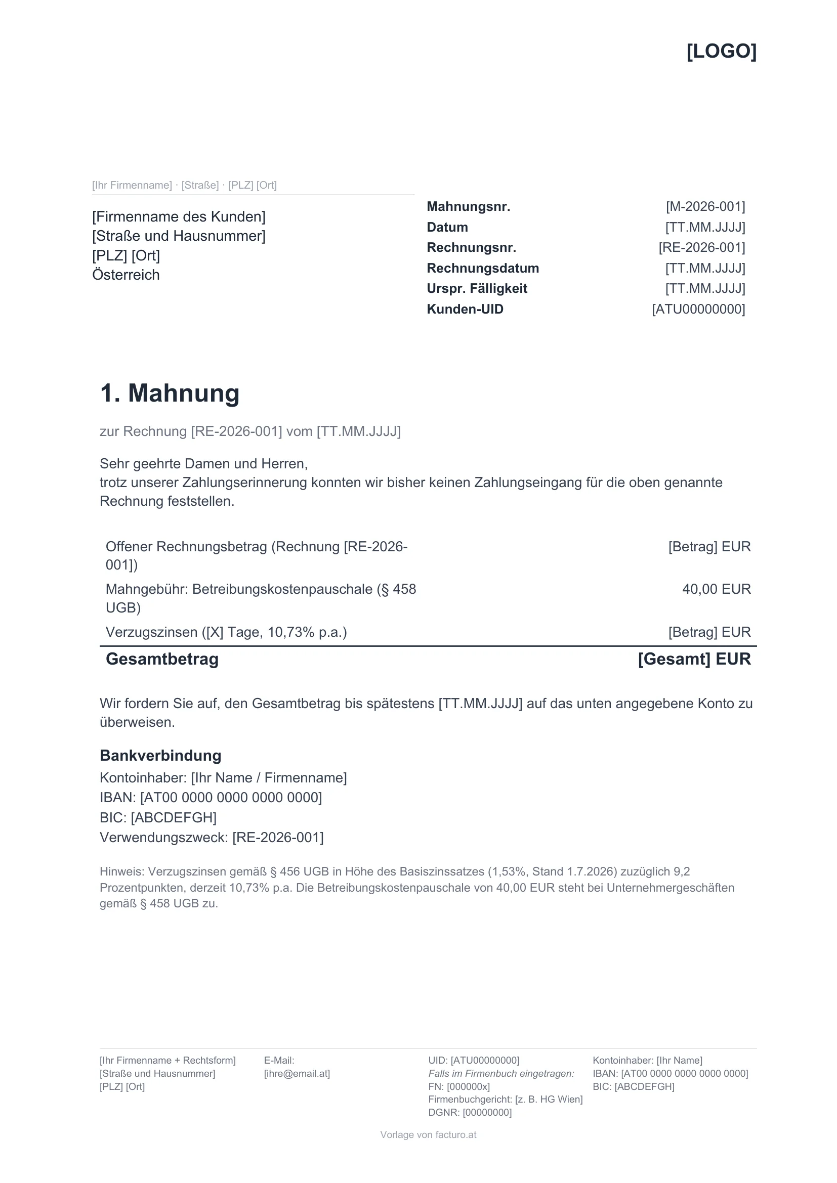 1. Mahnung mit Verzugszinsen
