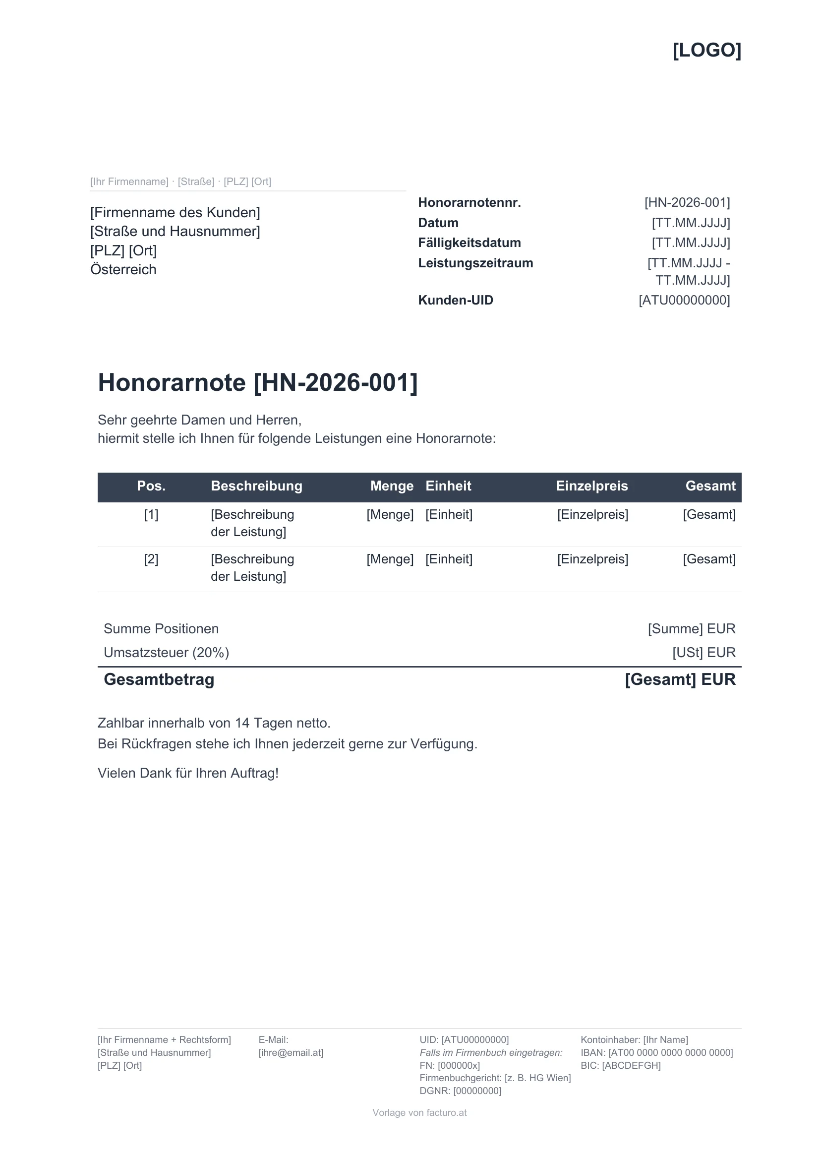 Honorarnote Vorlage