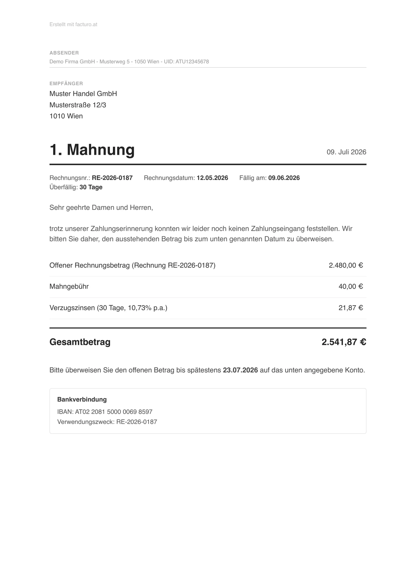 Mahnung Vorlage - alle 3 Mahnstufen