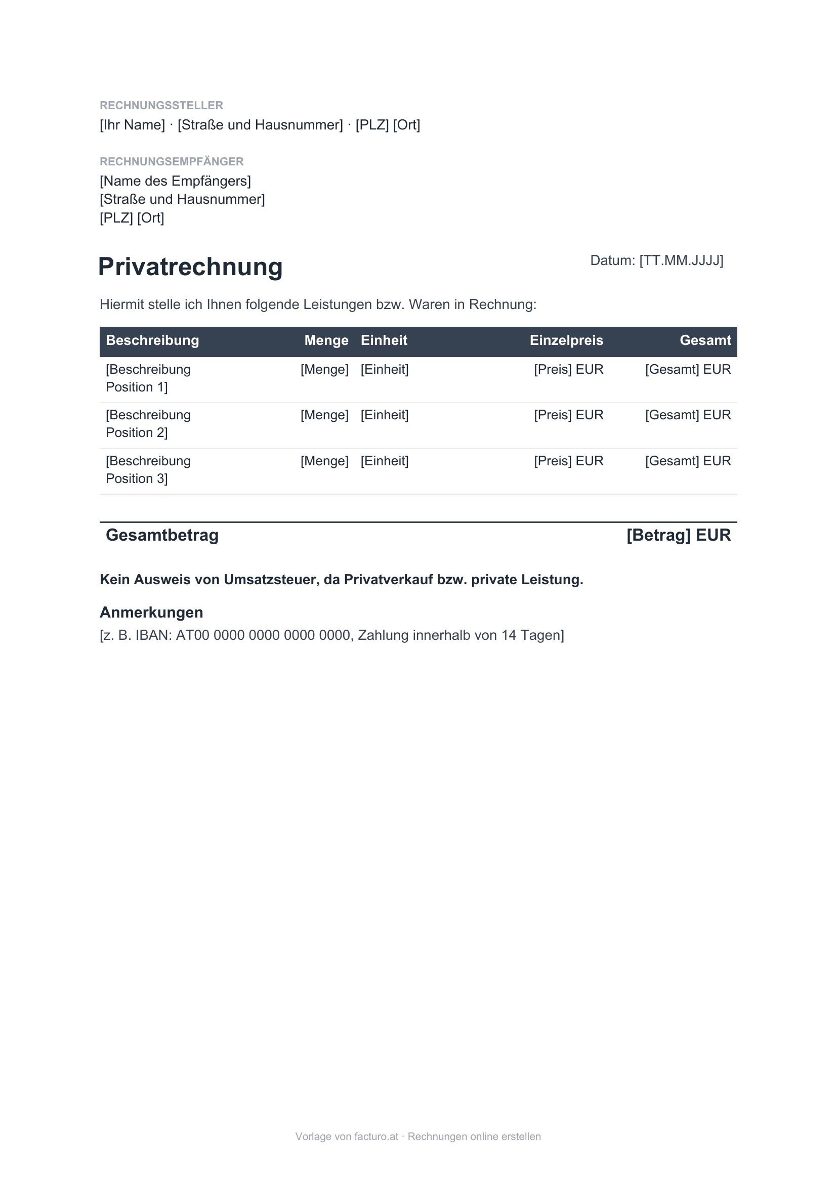 Privatrechnung Vorlage