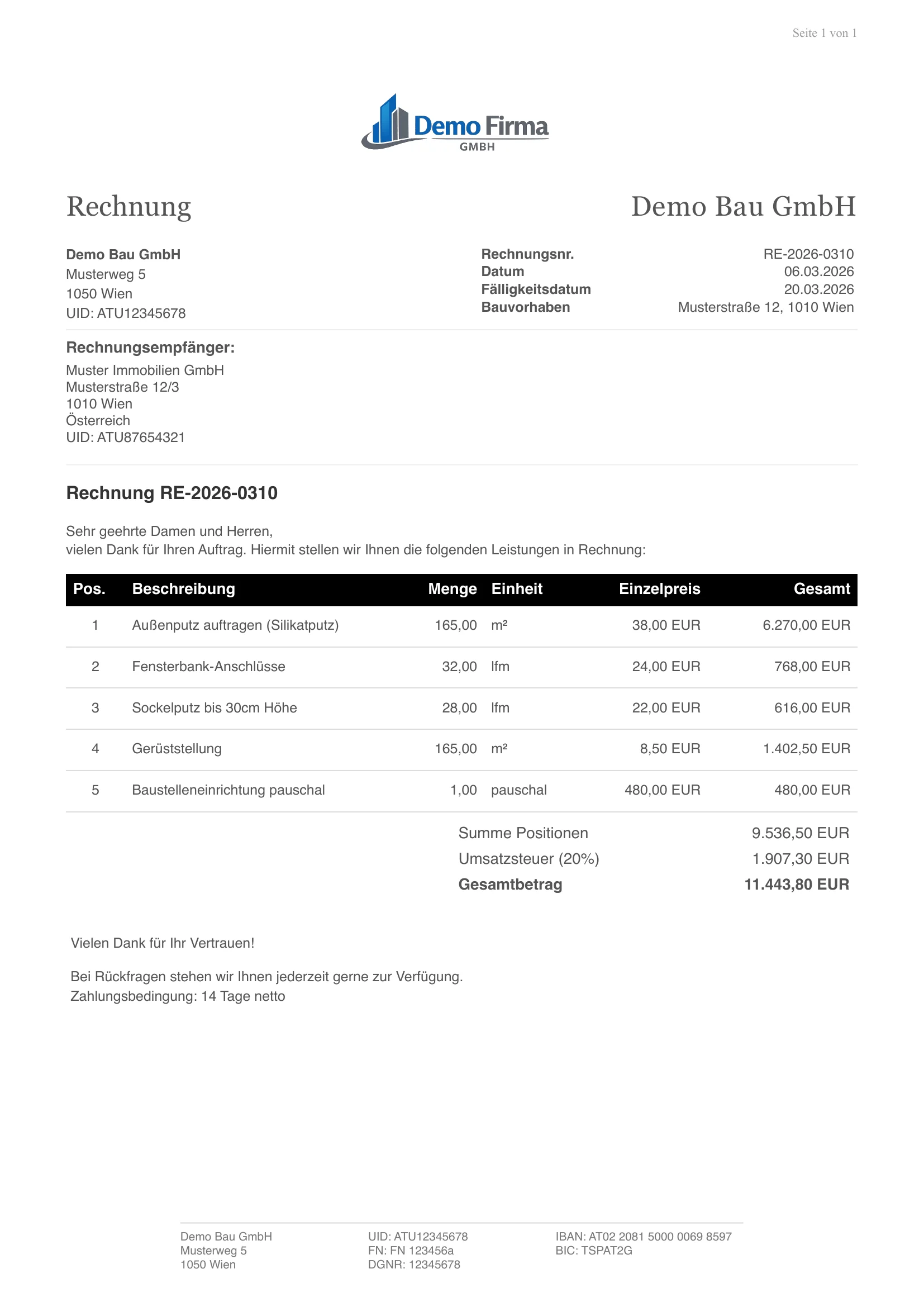 Vorschau: Rechnungsvorlage für Bauunternehmer