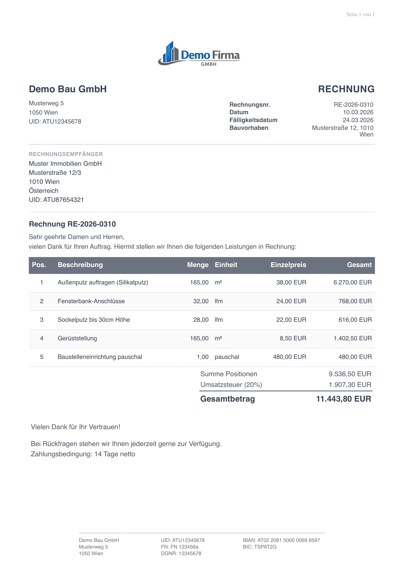 Vorschau: Rechnung mit USt & Reverse Charge