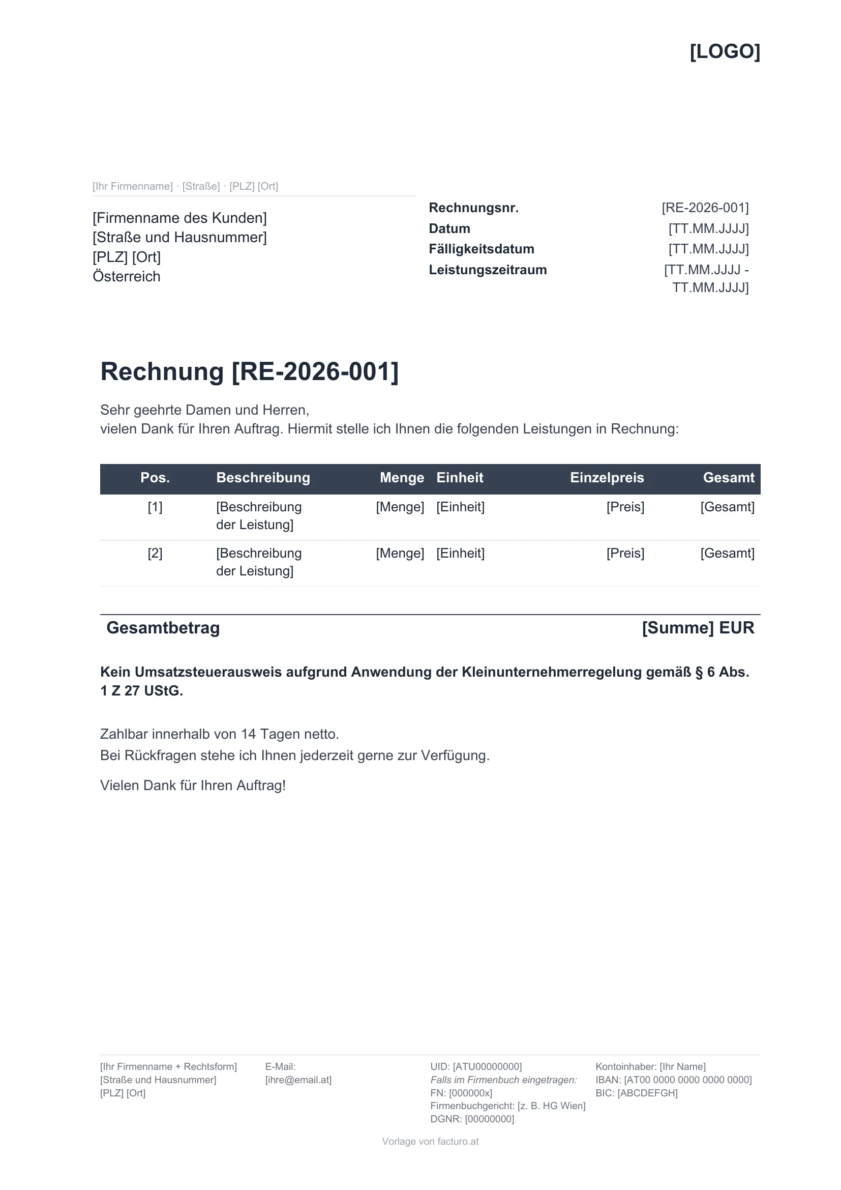 Rechnung Kleinunternehmer Vorlage